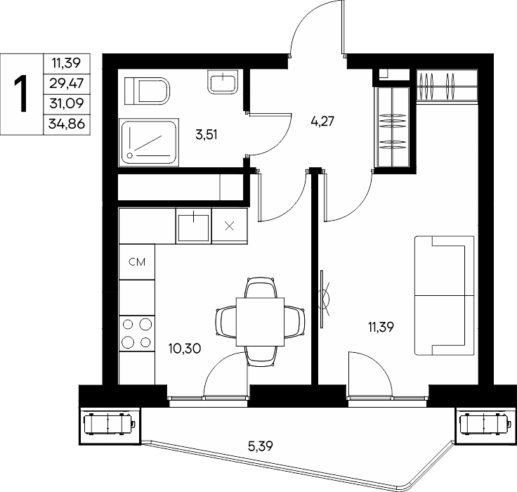 1-к, 34.86 м² · Прибрежный Дом