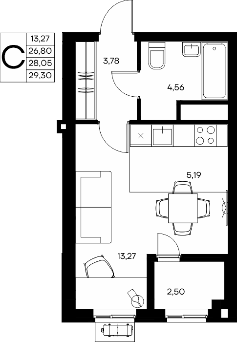 Студия, 29.3 м² · Прибрежный Дом
