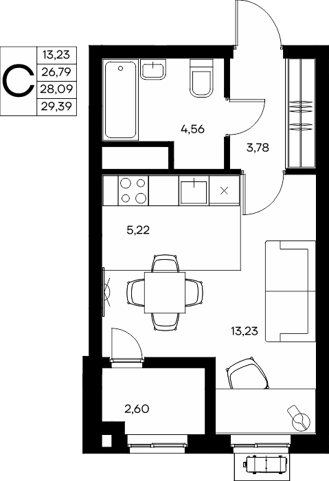 Студия, 29.39 м² · Прибрежный Дом