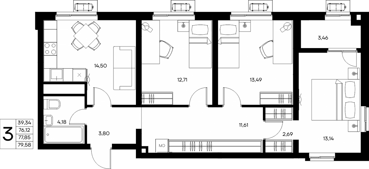 3-к, 79.58 м² · Прибрежный Дом