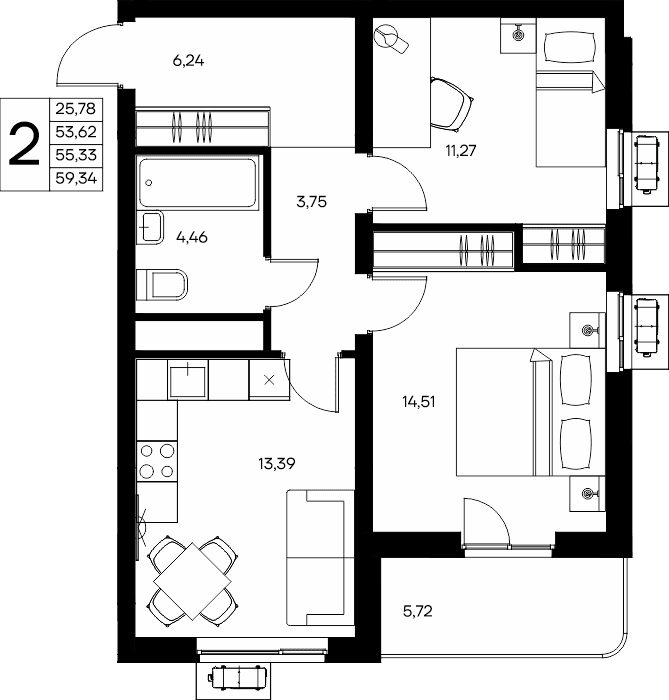 2-к, 59.34 м² · Прибрежный Дом