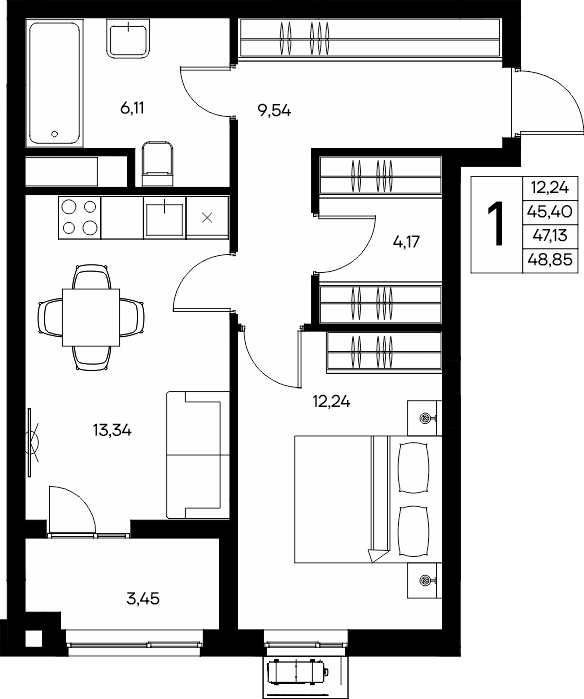 1-к, 48.85 м² · Прибрежный Дом