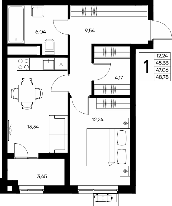 1-к, 48.78 м² · Прибрежный Дом