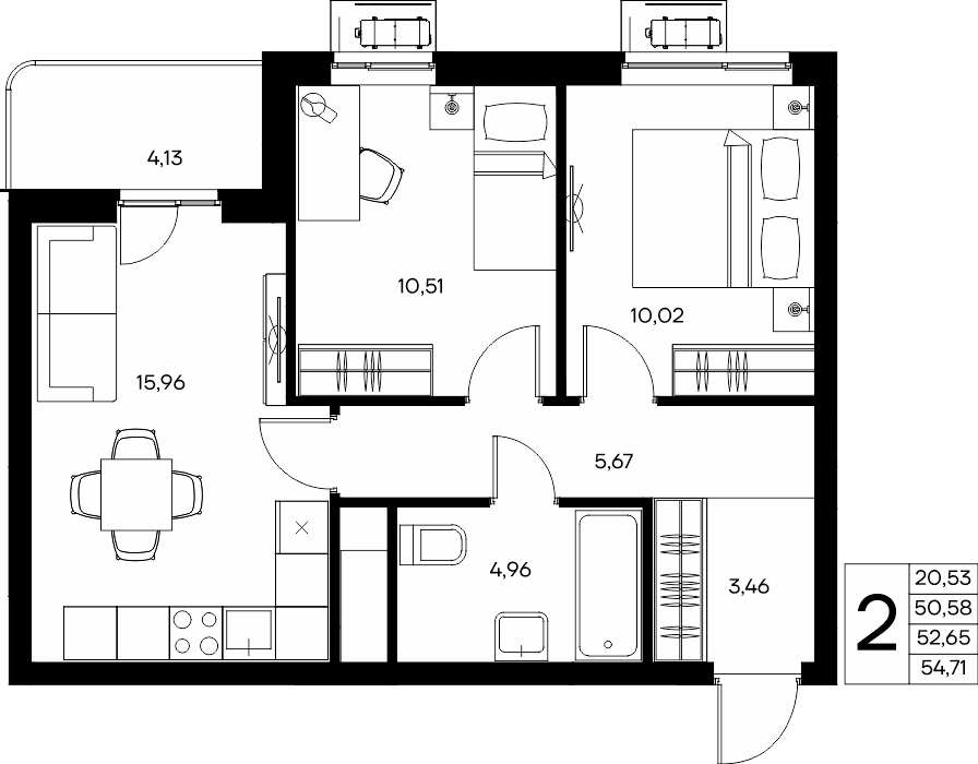 2-к, 54.71 м² · Прибрежный Дом