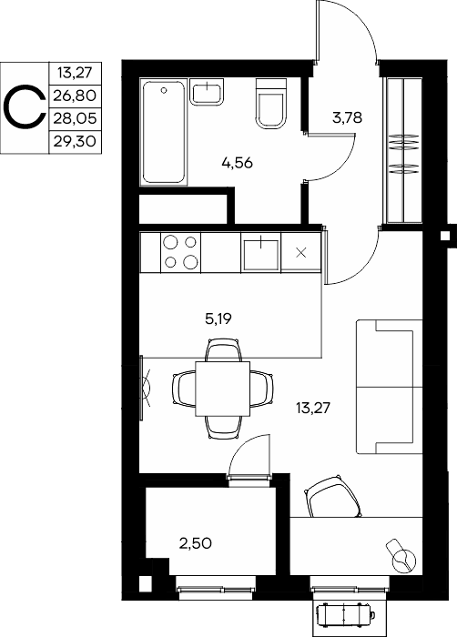 Студия, 29.99 м² · Прибрежный Дом