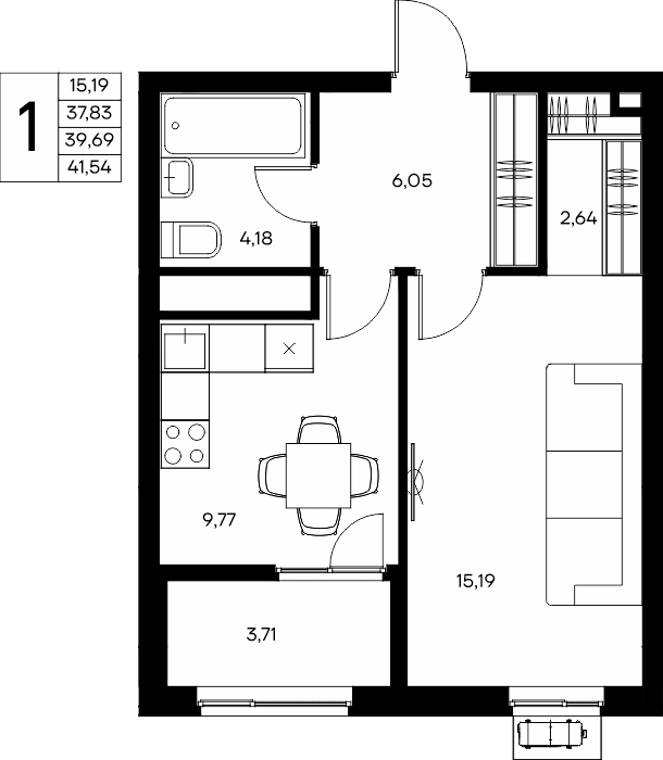 1-к, 41.54 м² · Прибрежный Дом