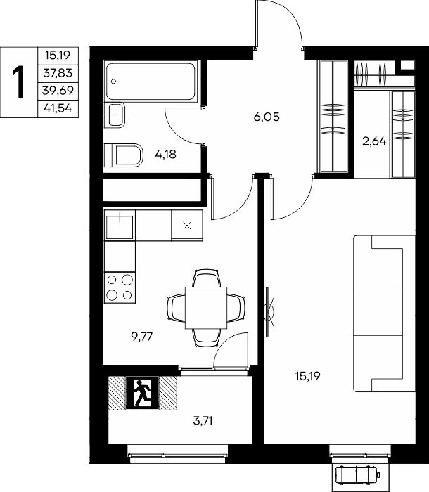 1-к, 41.54 м² · Прибрежный Дом