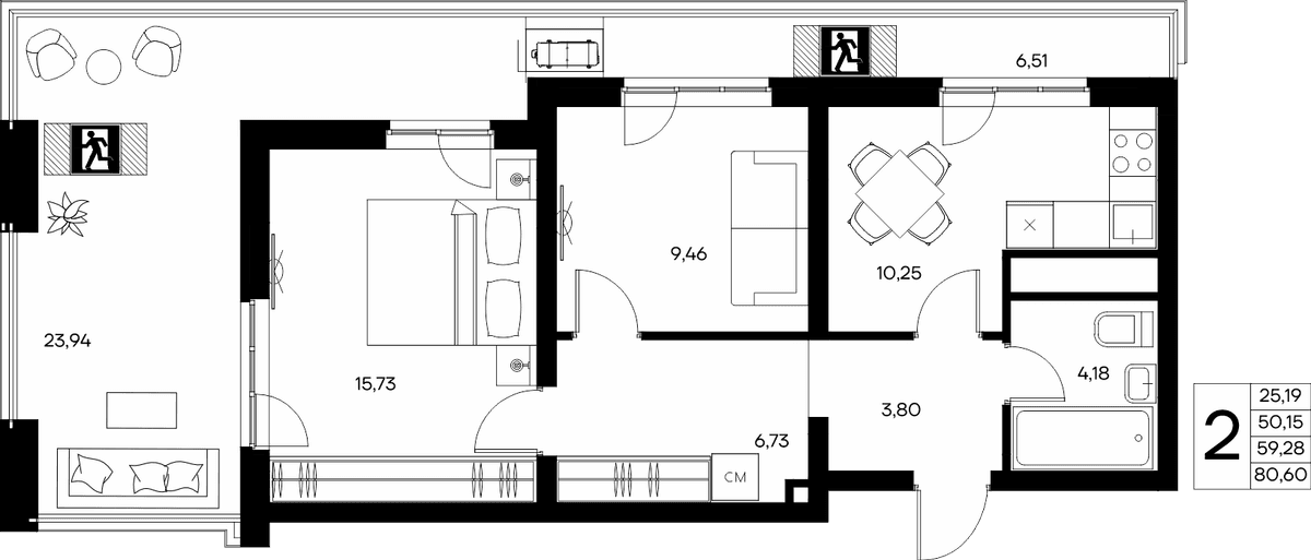 2-к, 80.6 м² · Прибрежный Дом