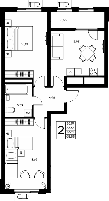 2-к, 68.88 м² · Прибрежный Дом