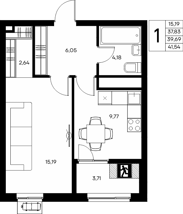 1-к, 41.54 м² · Прибрежный Дом