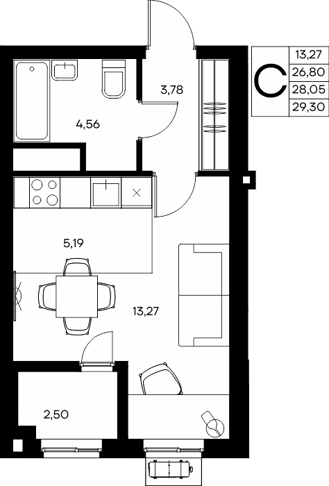 Студия, 29.99 м² · Прибрежный Дом