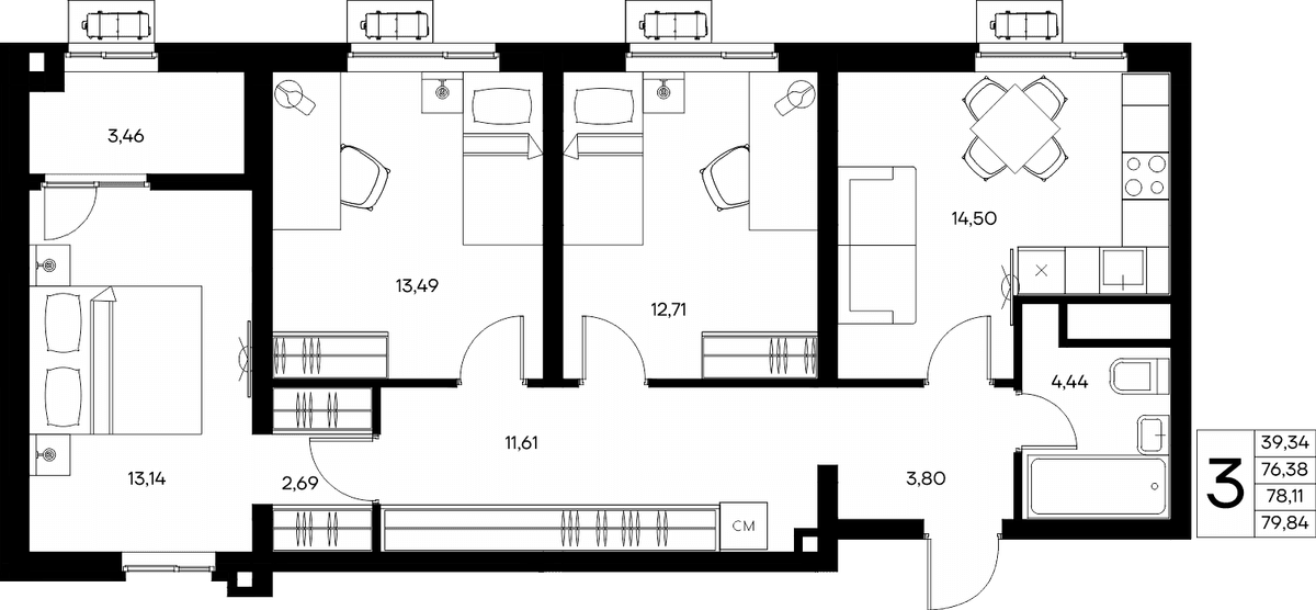 3-к, 79.84 м² · Прибрежный Дом