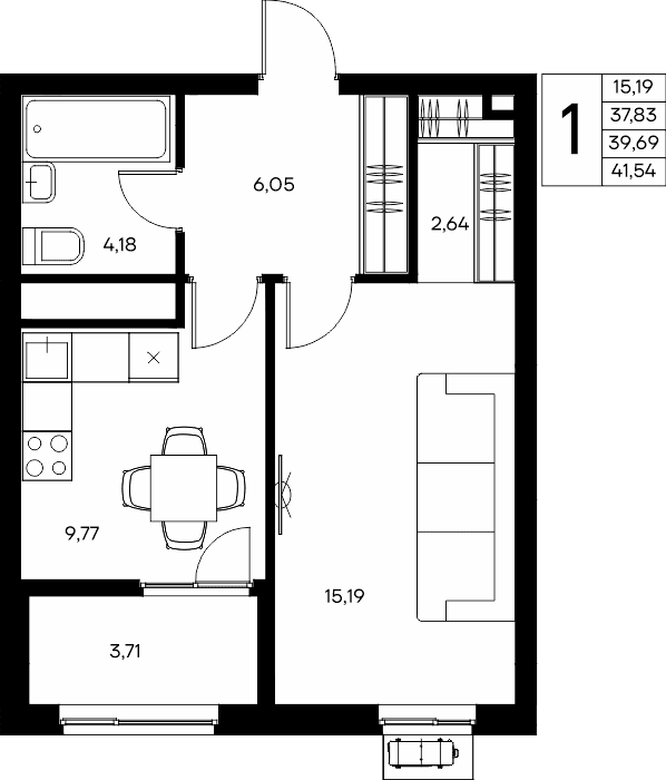 1-к, 41.54 м² · Прибрежный Дом