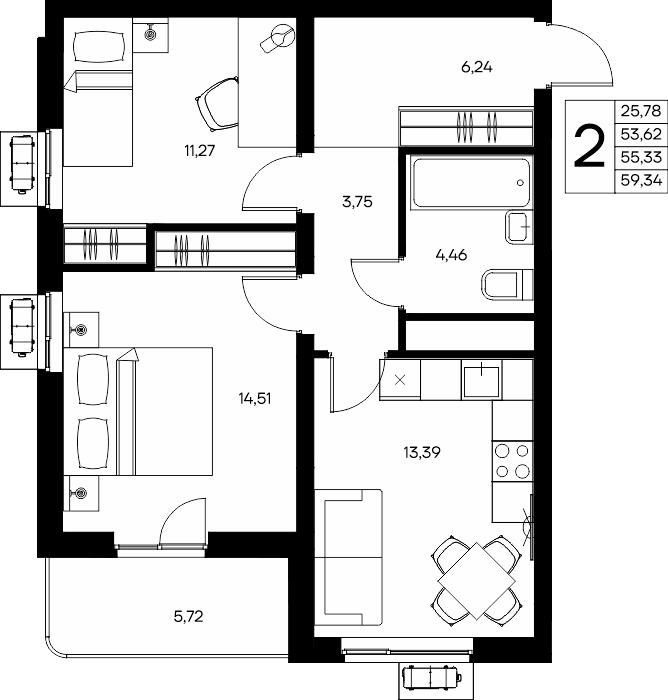 2-к, 59.34 м² · Прибрежный Дом