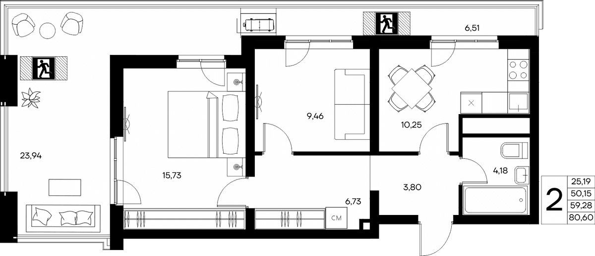 2-к, 80.6 м² · Прибрежный Дом
