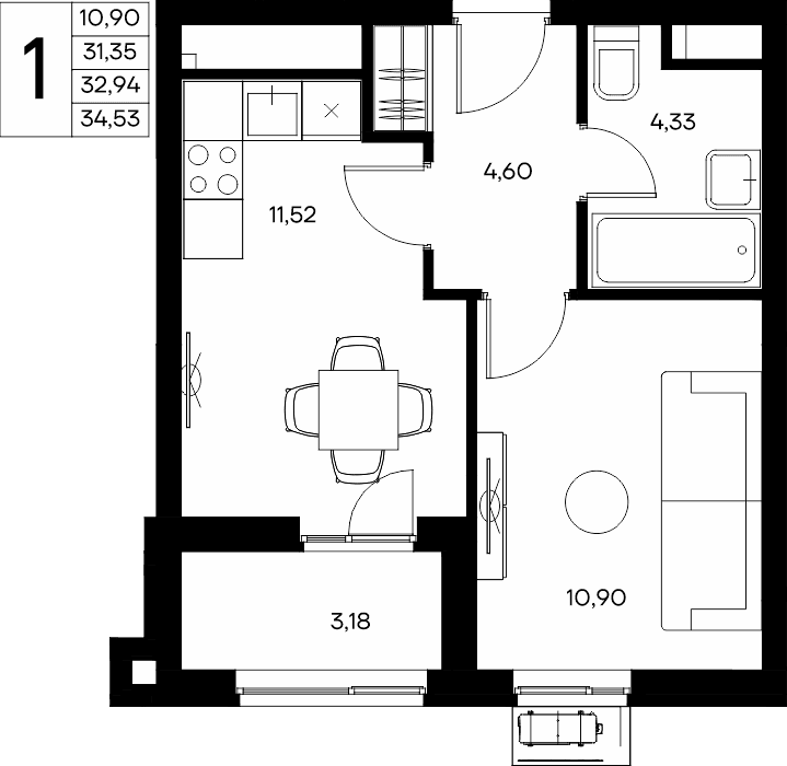 1-к, 34.53 м² · Прибрежный Дом
