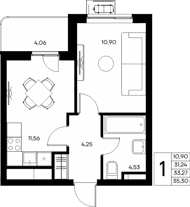 1-к, 35.3 м² · Прибрежный Дом