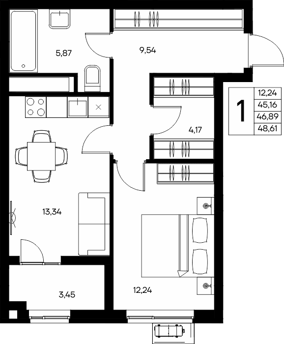 1-к, 48.61 м² · Прибрежный Дом