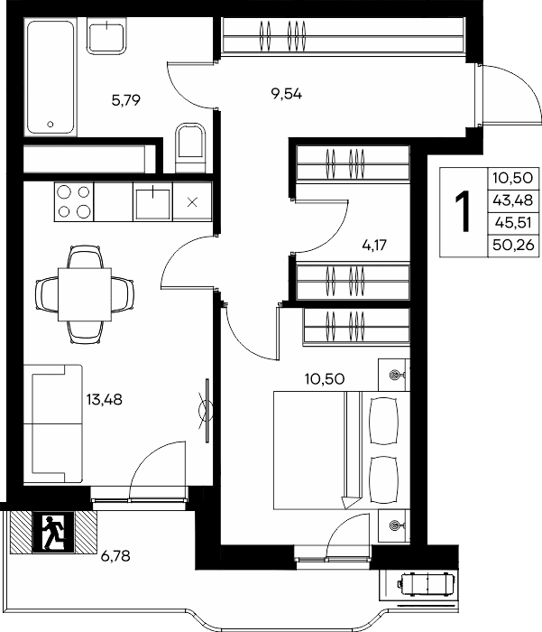 1-к, 50.26 м² · Прибрежный Дом