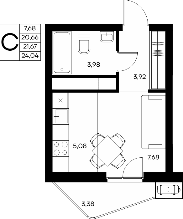 Студия, 24.04 м² · Прибрежный Дом