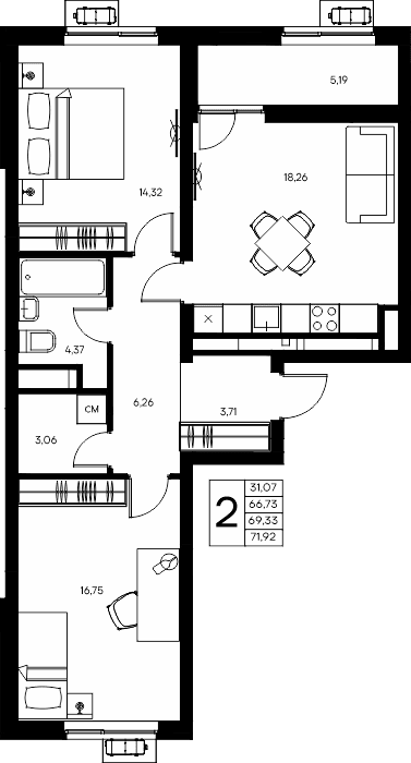 2-к, 71.92 м² · Прибрежный Дом