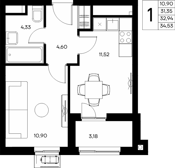 1-к, 34.53 м² · Прибрежный Дом