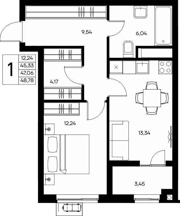1-к, 48.78 м² · Прибрежный Дом