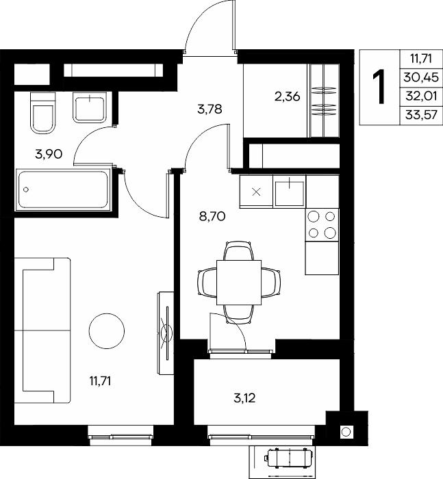 1-к, 33.57 м² · Прибрежный Дом