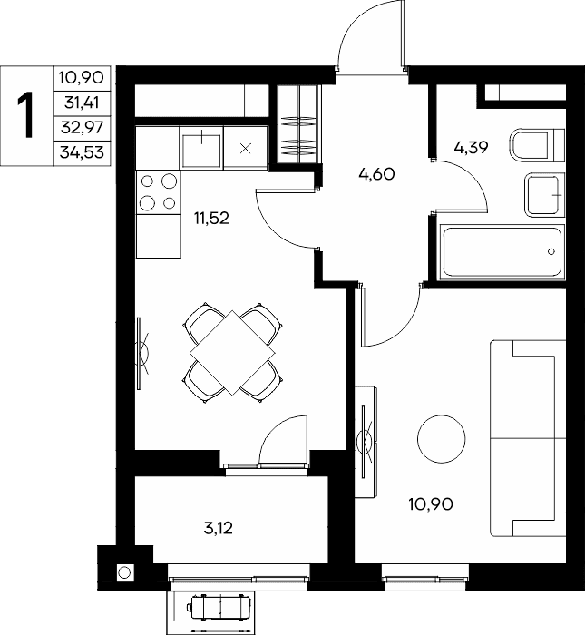 1-к, 34.53 м² · Прибрежный Дом