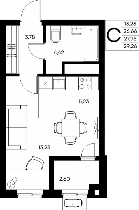 Студия, 29.26 м² · Прибрежный Дом