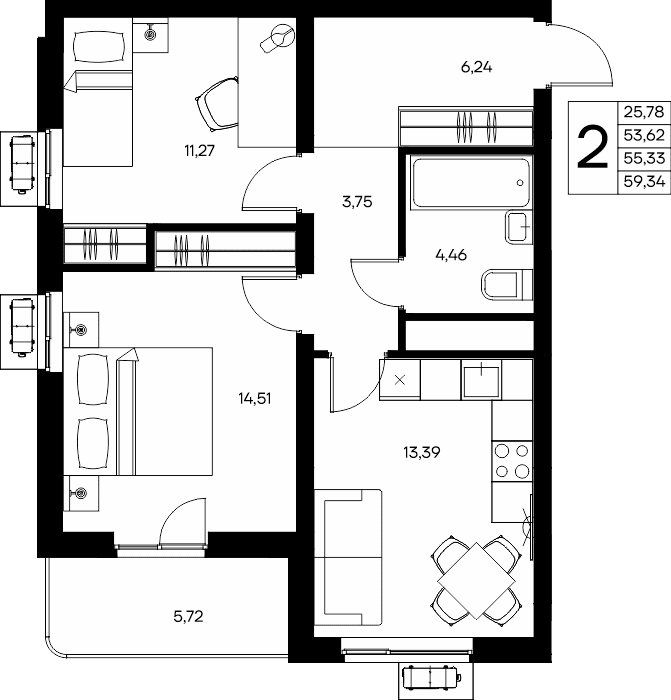 2-к, 59.34 м² · Прибрежный Дом