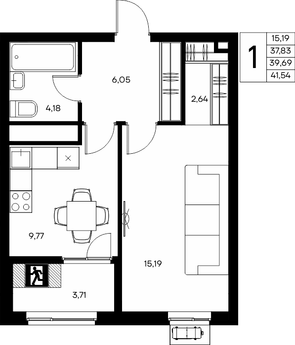 1-к, 41.54 м² · Прибрежный Дом