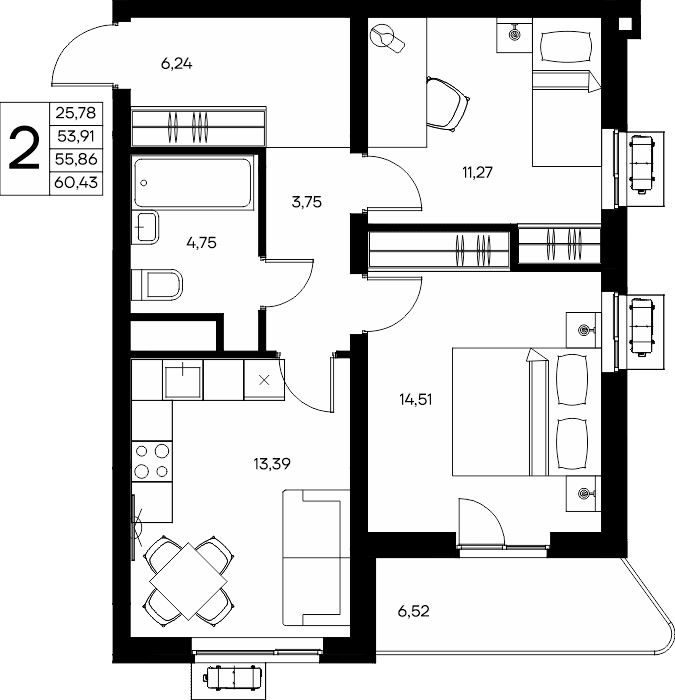 2-к, 60.43 м² · Прибрежный Дом