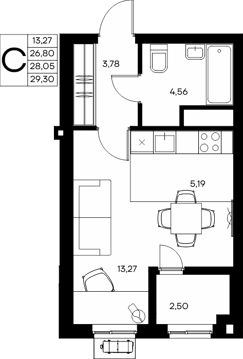 Студия, 29.3 м² · Прибрежный Дом