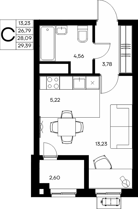 Студия, 29.39 м² · Прибрежный Дом