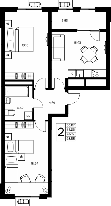 2-к, 68.88 м² · Прибрежный Дом