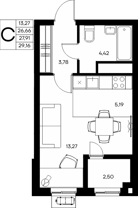 Студия, 29.16 м² · Прибрежный Дом