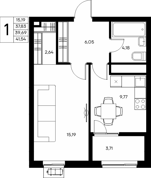 1-к, 41.54 м² · Прибрежный Дом