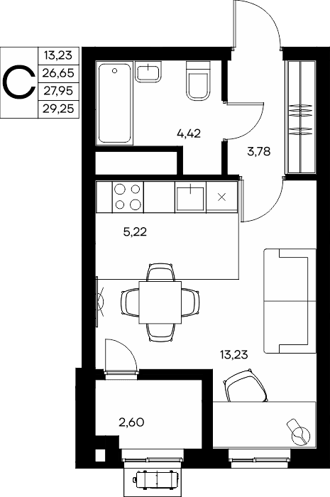 Студия, 29.25 м² · Прибрежный Дом