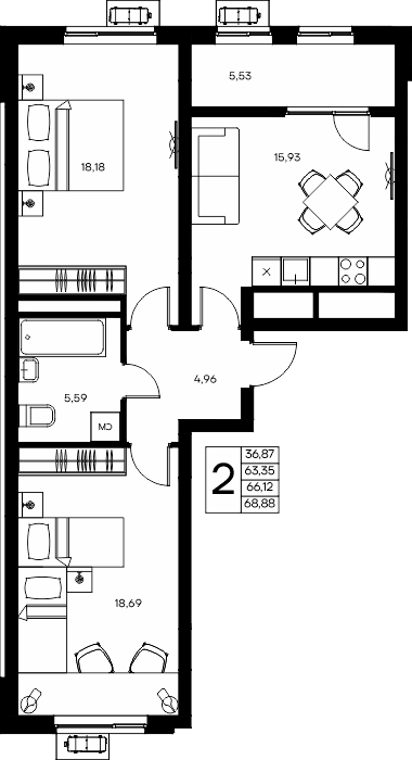 2-к, 68.88 м² · Прибрежный Дом