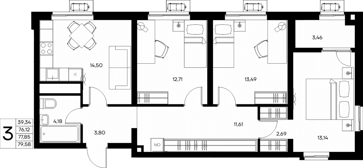 3-к, 79.58 м² · Прибрежный Дом