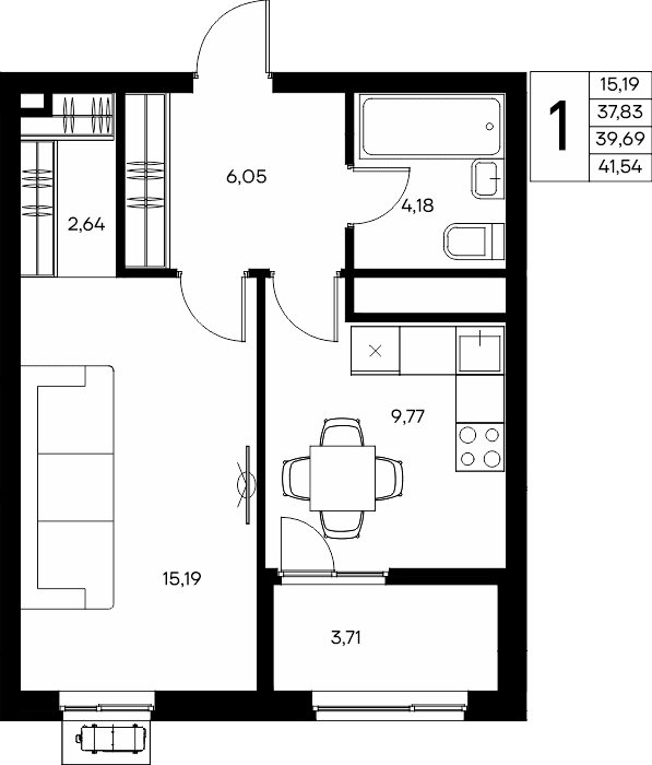 1-к, 41.54 м² · Прибрежный Дом
