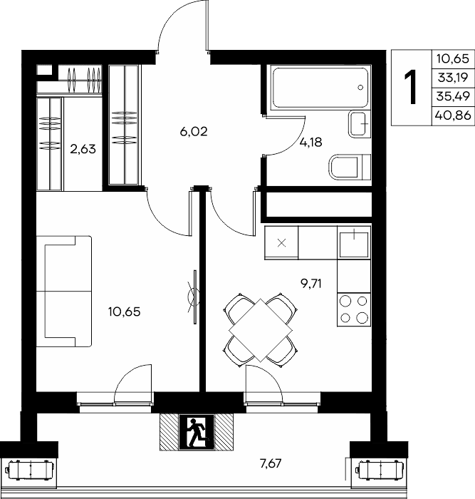 1-к, 40.86 м² · Прибрежный Дом