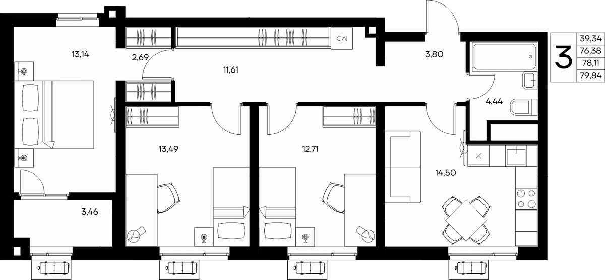 3-к, 79.84 м² · Прибрежный Дом