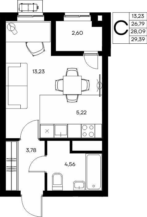Студия, 29.39 м² · Прибрежный Дом