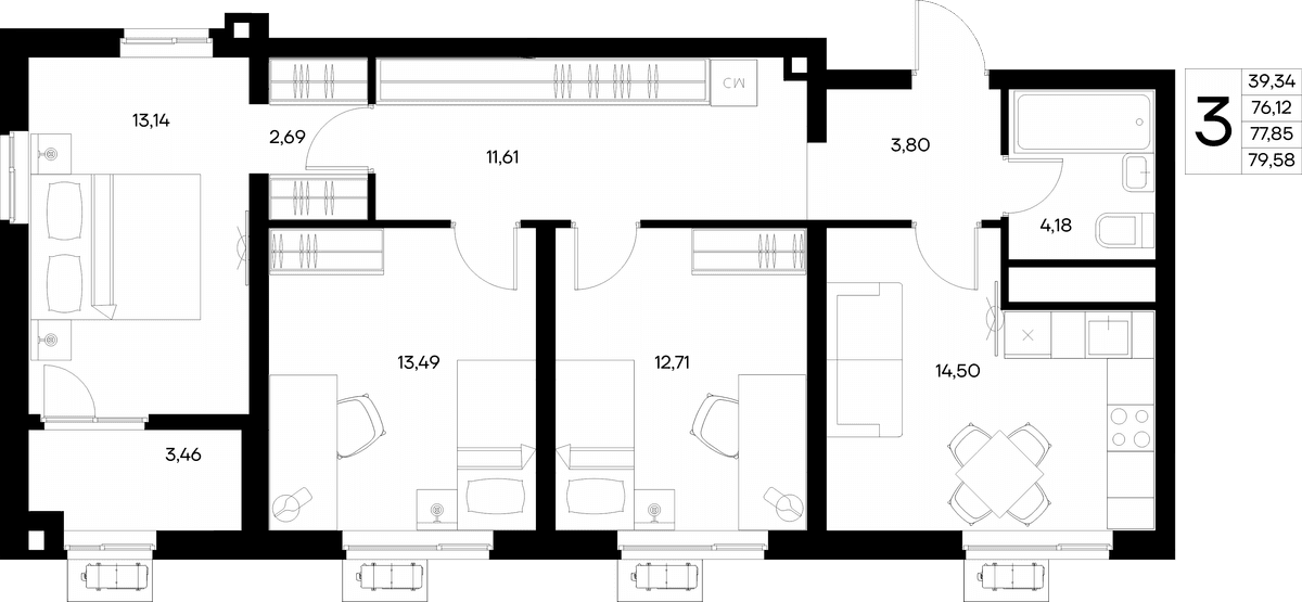 3-к, 79.58 м² · Прибрежный Дом