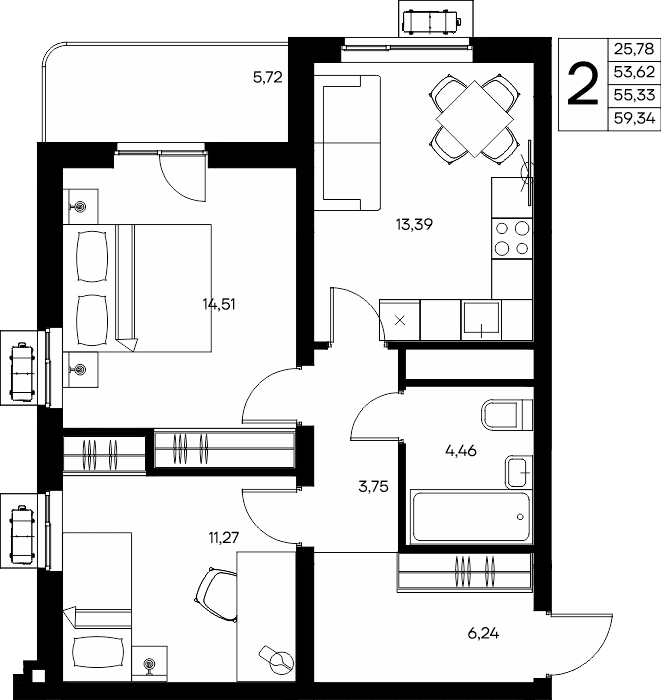 2-к, 59.34 м² · Прибрежный Дом