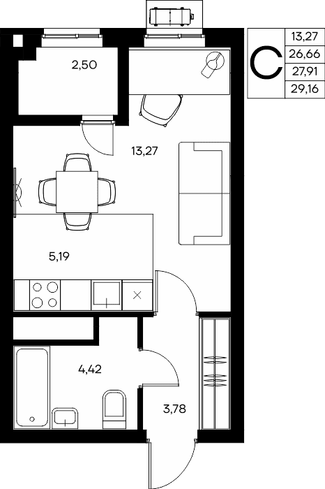 Студия, 29.16 м² · Прибрежный Дом