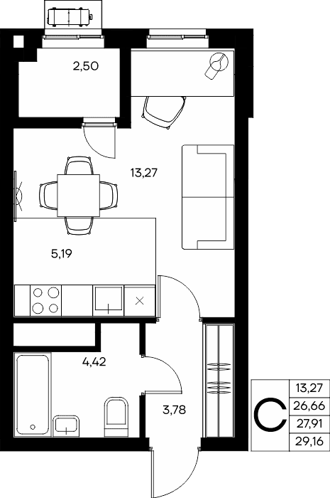 Студия, 29.16 м² · Прибрежный Дом