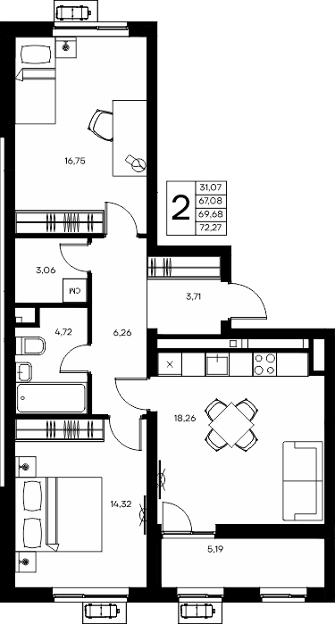2-к, 72.27 м² · Прибрежный Дом